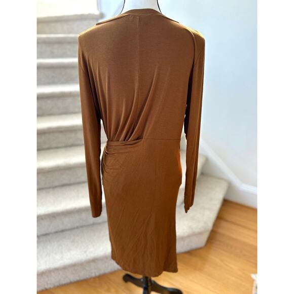 Eloquii Brown Long Sleeve Draped Tie Asymmetric Hem Blouse - Picture 3 of 7
